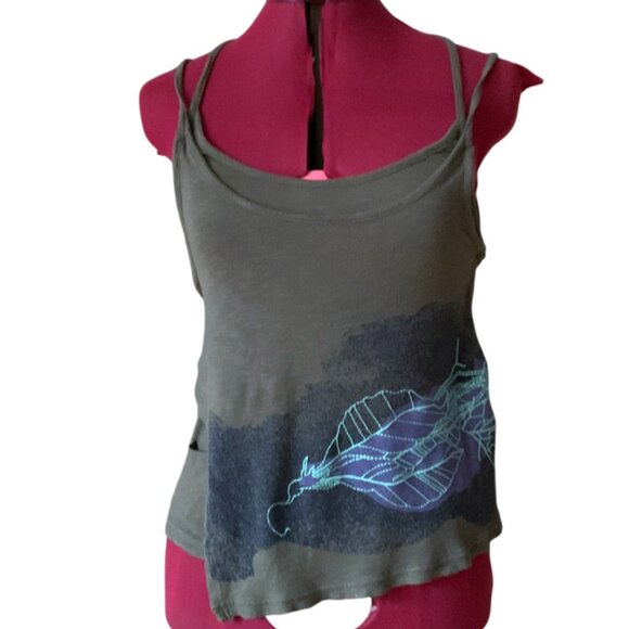 DIESEL / Multi layers asymmetric tank top Kaki Green with leaves print - XS - Picture 1 of 9
